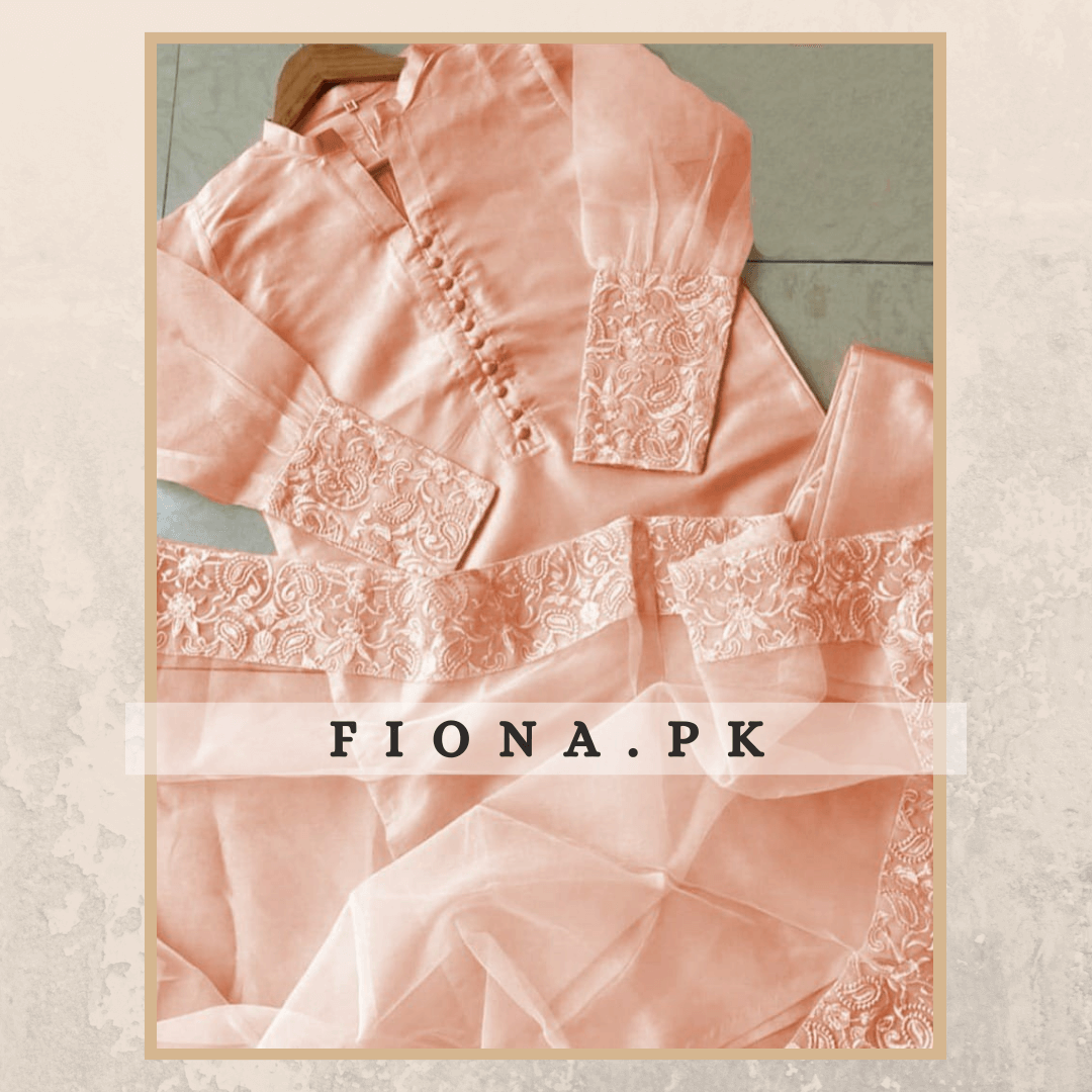 Organza Fabric Kurta Collar with Embroidered Dupatta - 3PC