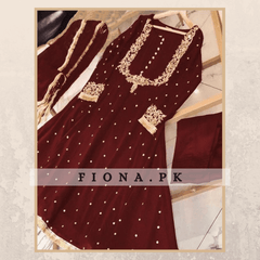 Chiffon Fabric Embroiedered Frock with Pearls Touching Work - 3PC