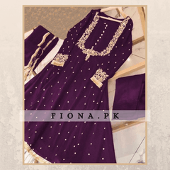 Chiffon Fabric Embroiedered Frock with Pearls Touching Work - 3PC