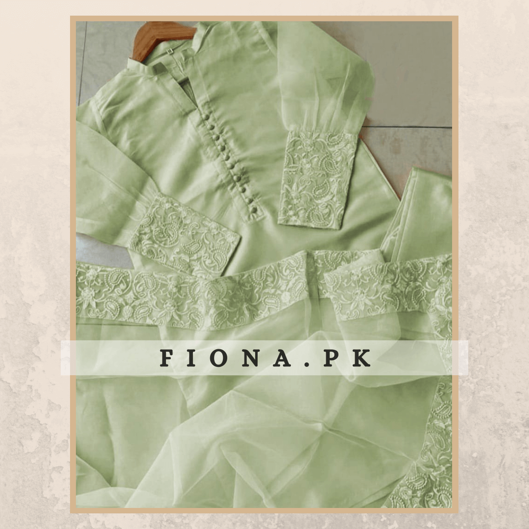 Organza Fabric Kurta Collar with Embroidered Dupatta - 3PC