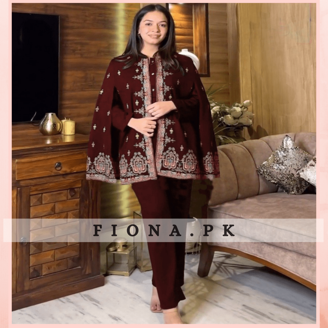 SILK Fabric Heavy Embroidered Open Coat with Baggy Sleeves - 4PC =