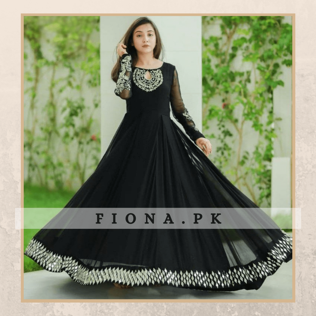 Chiffon Maxi with Mirror Embroidered Work Black