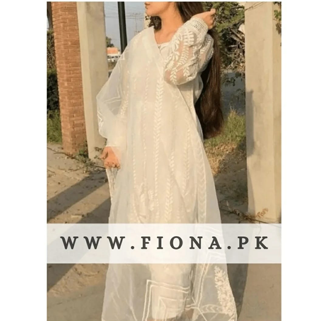 💃 -Organza Self  Embroidered Dress (3-Pcs)